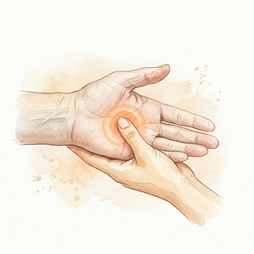 介護する人が高齢者の手のひらを下から支え、親指で中央を円を描くように押している様子