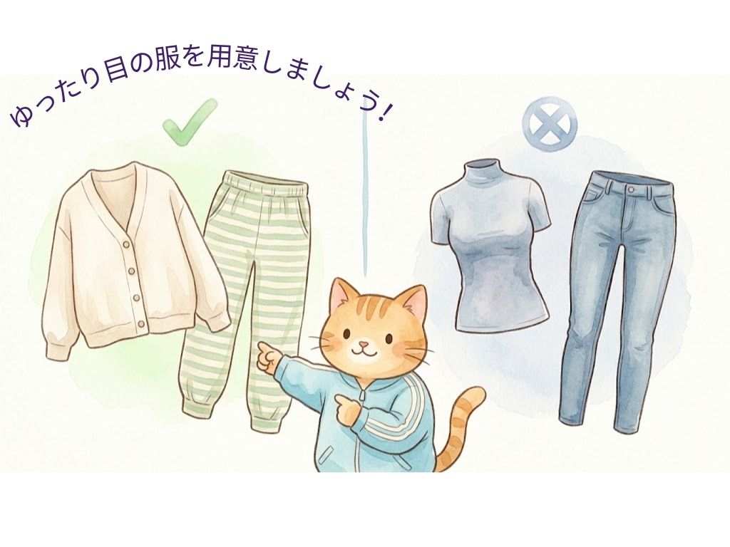 リハビリに向く服と避けたい服を比べたイラスト。おすすめはゆったり伸縮するズボンと前開きの上着、避けたいのはきついジーンズや首の詰まった服