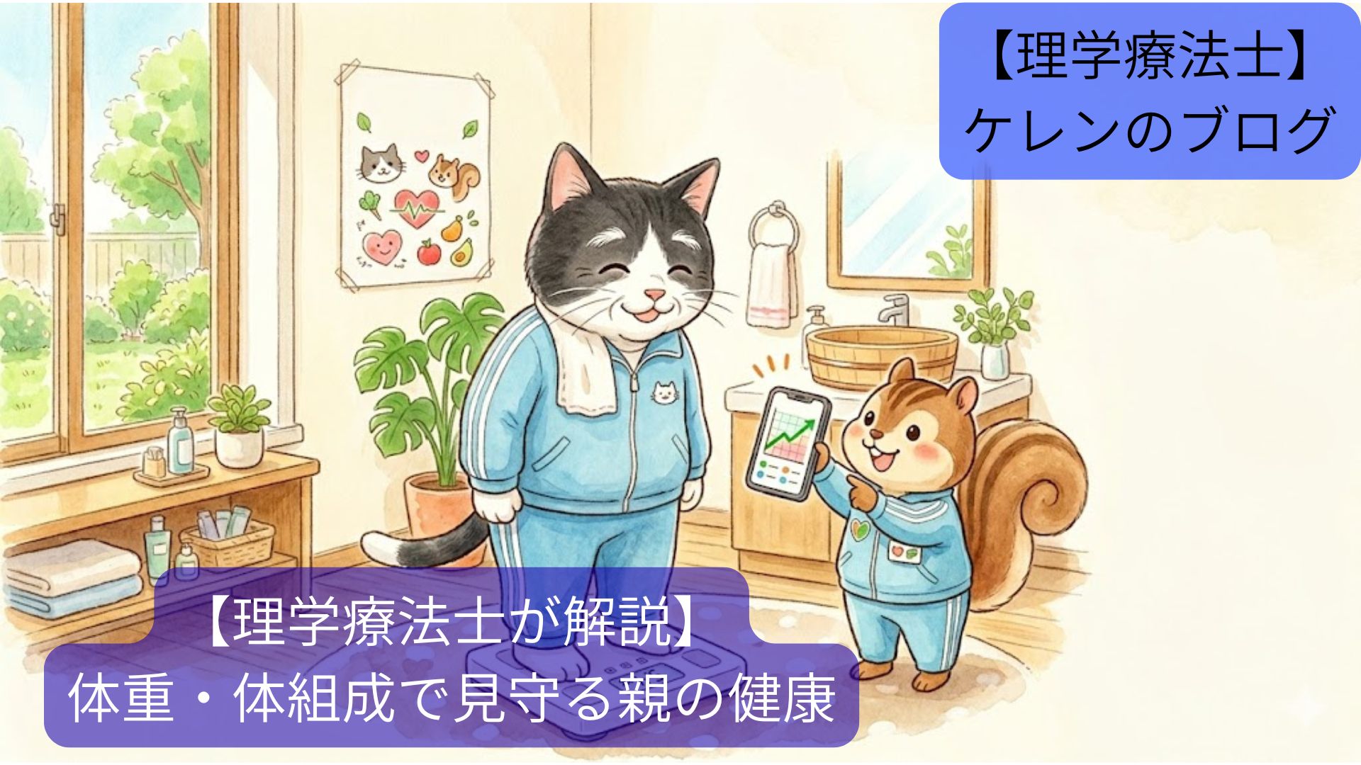 水色のジャージを着た高齢の白黒猫が体重計に乗り、リスの理学療法士キャラがスマホの体重グラフを見せて応援しているイラスト