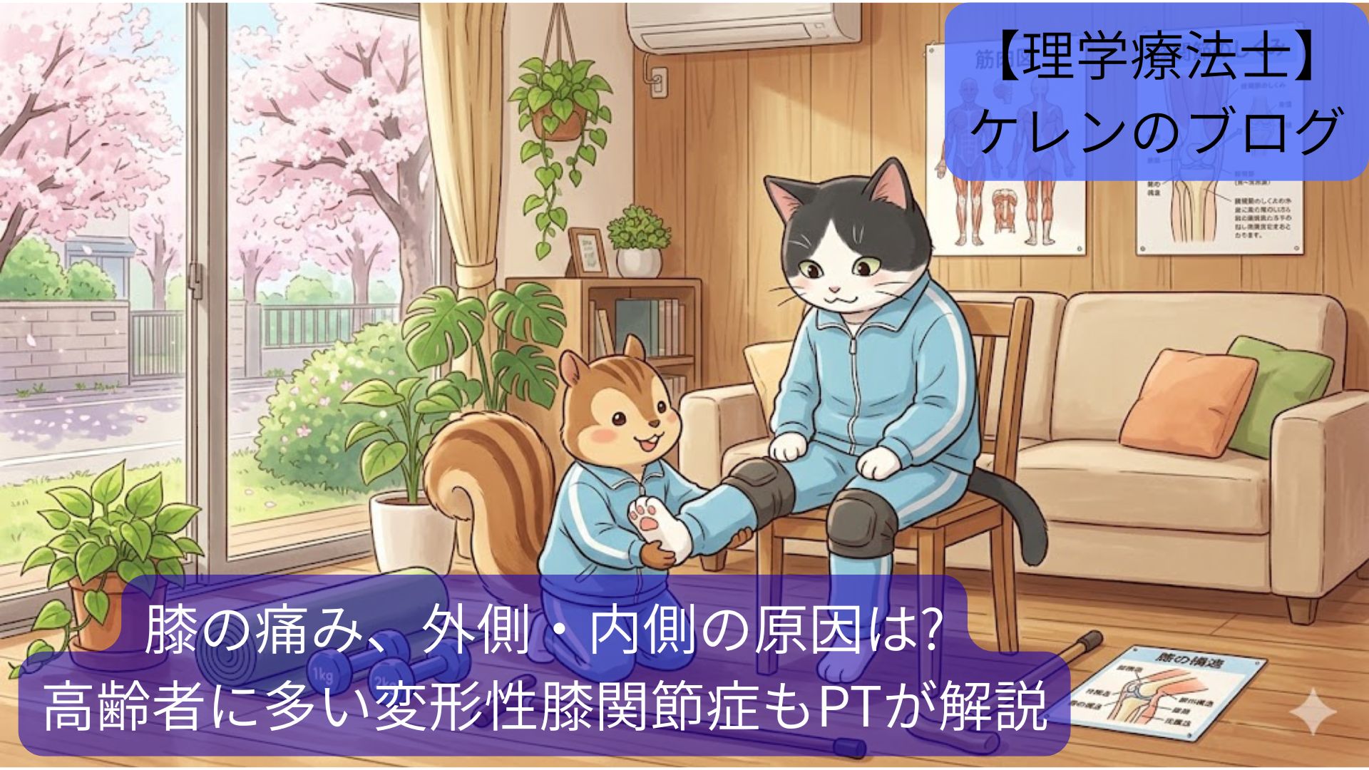 イスに座って膝の運動をする猫のキャラクターと、それを見守る理学療法士役のリス