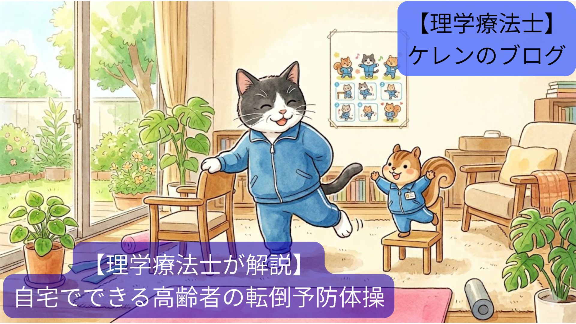 水色のジャージを着た高齢の白黒猫と、リスの理学療法士キャラが、明るいリビングで手すりにつかまりながら転倒予防体操（片足立ち）をしているイラスト