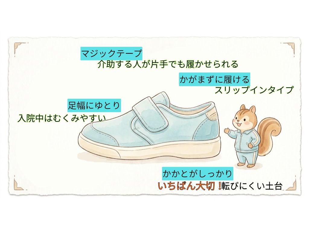 リハビリに適した靴を選ぶ4つのポイントを示したイラスト。かかとがしっかりしている、足幅にゆとりがある、マジックテープ式、かがまず履けるスリップインタイプ