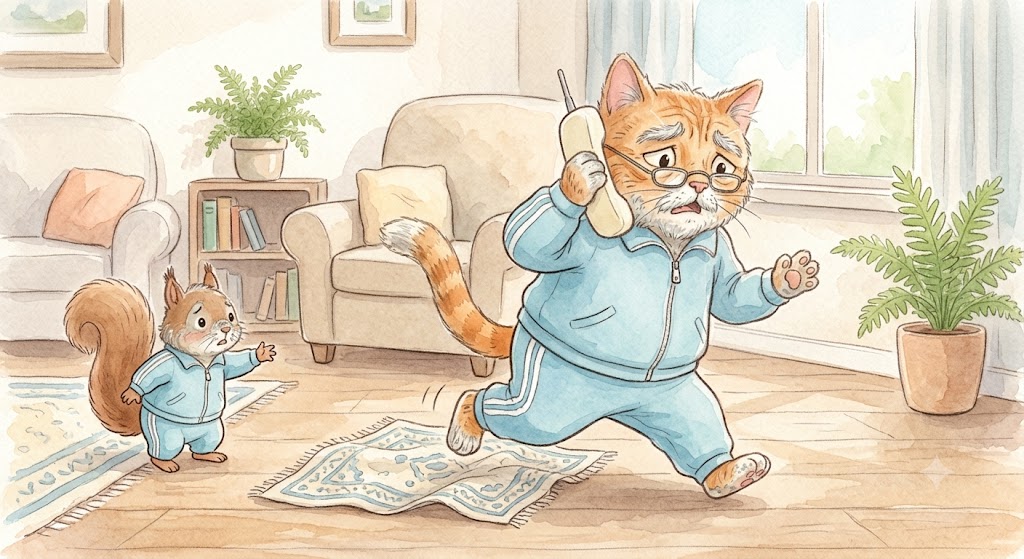 電話に気を取られながら慌てて歩く高齢の猫が、めくれたラグにつまずきそうになっているイラスト。詐欺電話は転倒リスクにもなる