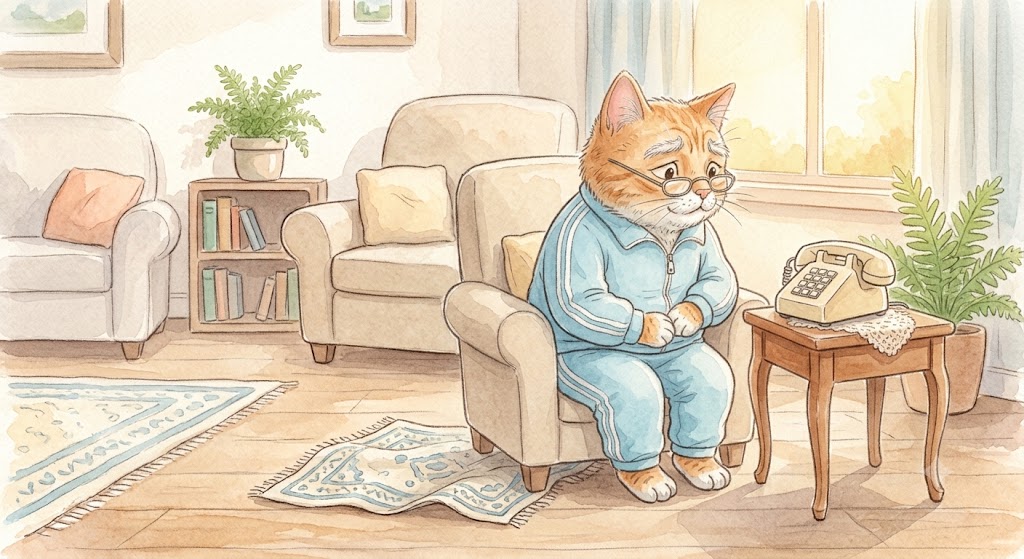 部屋でひとり、電話を見つめる高齢の猫のイラスト。外出が減ると電話が社会との数少ない接点になる
