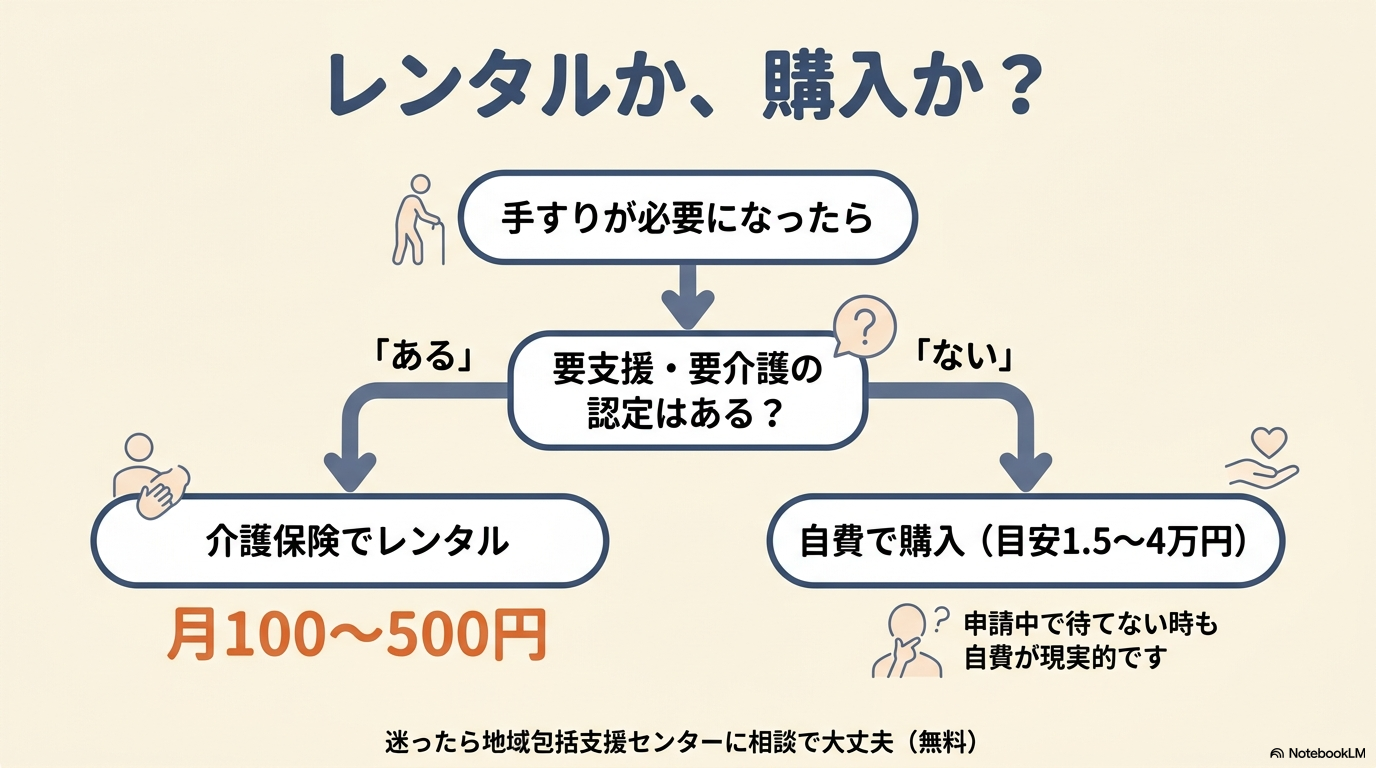 手すりはレンタルか購入かの分かれ道の図。要支援・要介護の認定があれば介護保険でレンタル（月100〜500円）、なければ自費で購入（目安1.5〜4万円）。迷ったら地域包括支援センターに無料相談