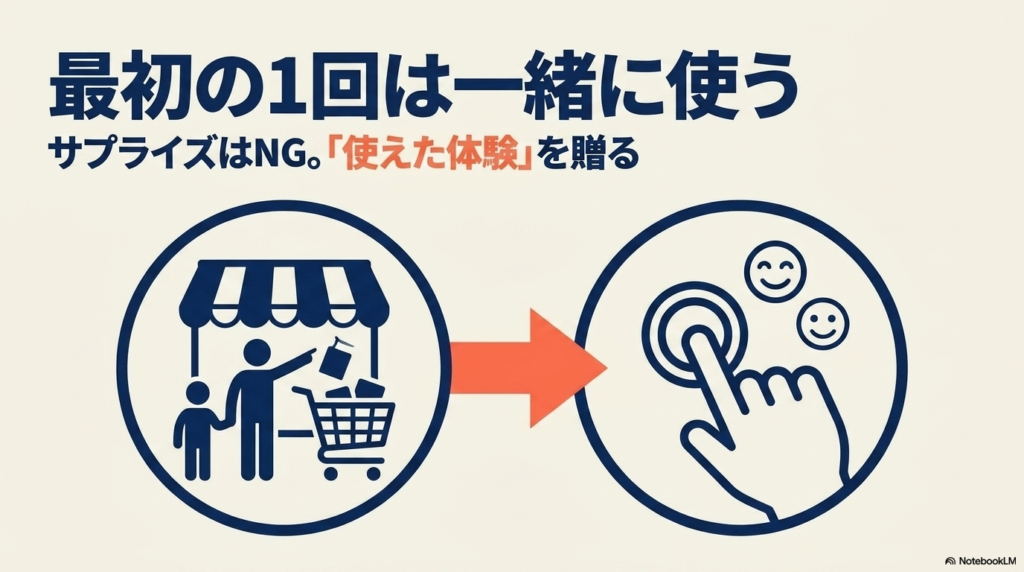 家電はサプライズで贈らず、最初の1回を一緒に使って「使えた体験」を贈ることをすすめる図解