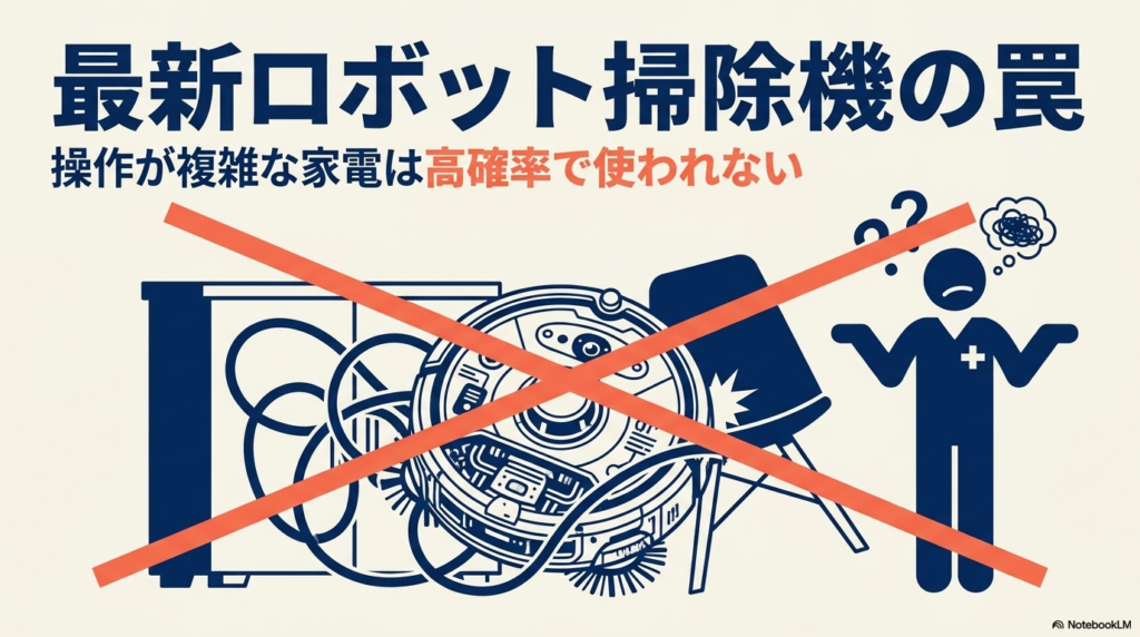 操作が複雑なロボット掃除機は使われなくなりやすいことを示す図解