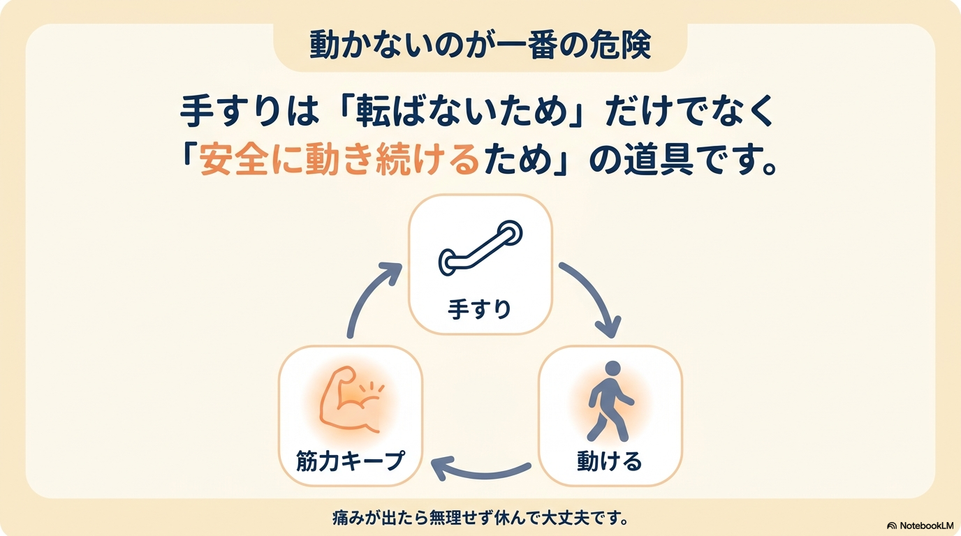 手すりは「安全に動き続けるため」の道具であることを表す循環図。手すりがあるから動ける、動くから筋力を保てる、という良い循環