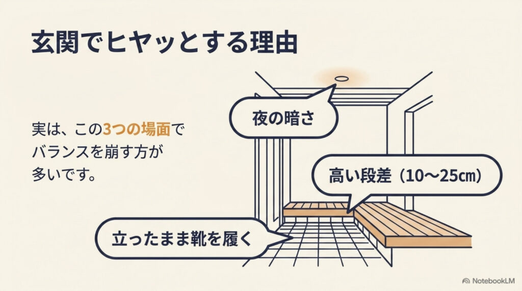 玄関でヒヤッとする3つの場面の図解。夜の暗さ、10〜25cmの高い段差、立ったまま靴を履く動作でバランスを崩しやすい