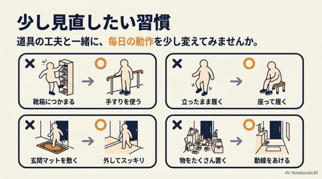 見直したい玄関の習慣4つの図解。靴箱につかまらず手すりを使う、立ったまま履かず座って靴を履く、玄関マットは外す、物を置きすぎず動線をあける