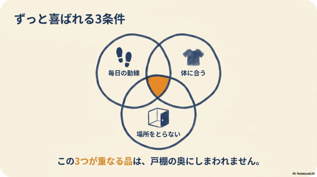 ずっと喜ばれる贈り物の3条件(毎日の動線に入る・体に合う・場所をとらない)のベン図