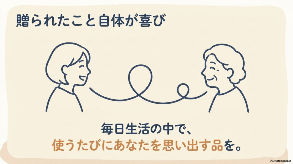 贈られたこと自体が喜び。毎日の生活の中で、使うたびに贈り主を思い出す品を、という図解