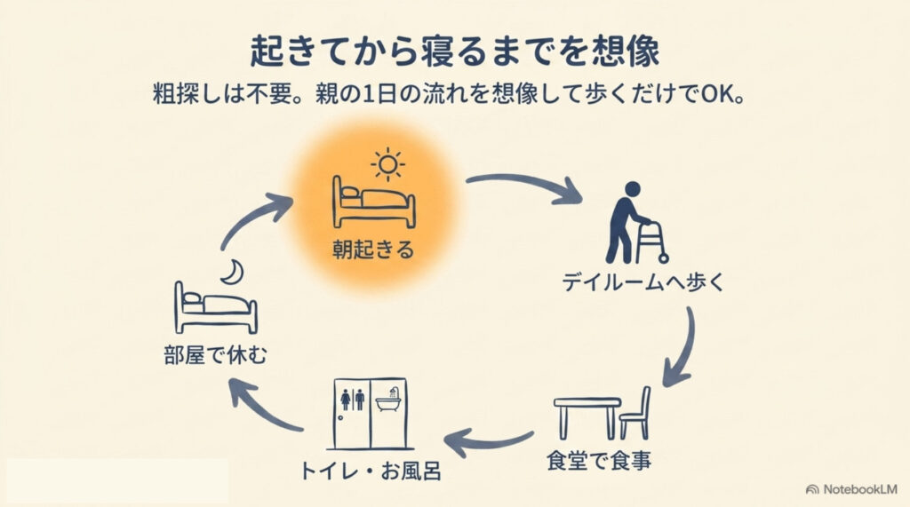 親の1日を想像して歩く図解。朝起きる→デイルームへ歩く→食堂で食事→トイレ・お風呂→部屋で休む、の流れで施設内を見て回る