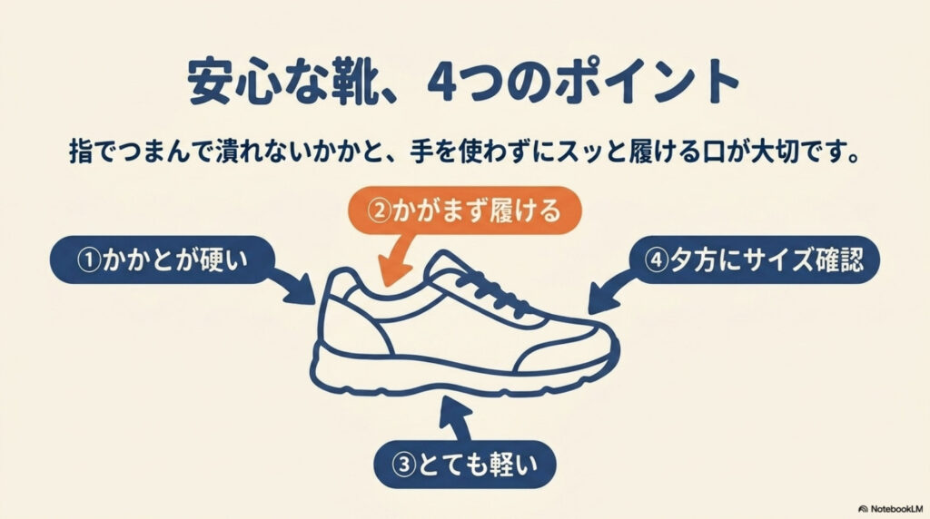 安心な靴の4つのポイント(かかとが硬い・かがまず履ける・とても軽い・夕方にサイズ確認)を示した靴の図解