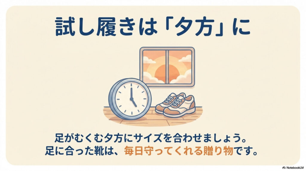 試し履きは足がむくむ夕方に。足に合った靴は毎日守ってくれる贈り物、という図解