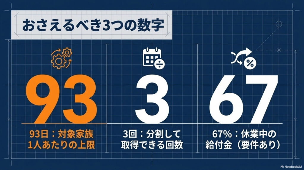 介護休業でおさえる3つの数字(93日・3回・67%)を示した図解
