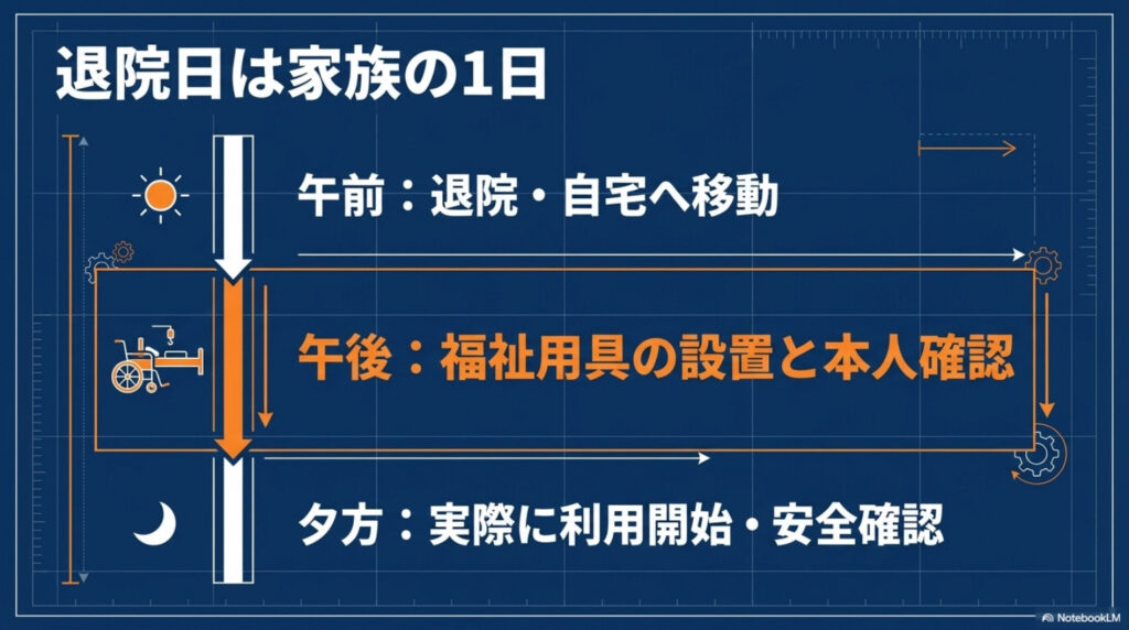 退院日のスケジュール図解。午前に退院して自宅へ、午後に福祉用具の設置と本人確認、夕方に利用開始と安全確認