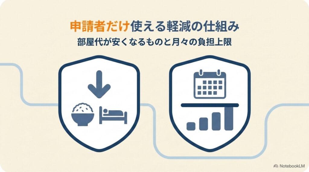申請しないと使えない2つの軽減制度の図解。食費・部屋代が安くなる負担限度額認定と、月々の自己負担に上限がある高額介護サービス費
