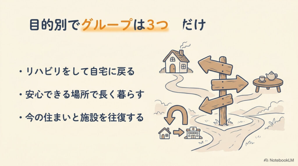 老人ホームの種類の図解。目的別でグループは3つだけ:リハビリをして自宅に戻る・安心できる場所で長く暮らす・今の住まいと施設を往復する