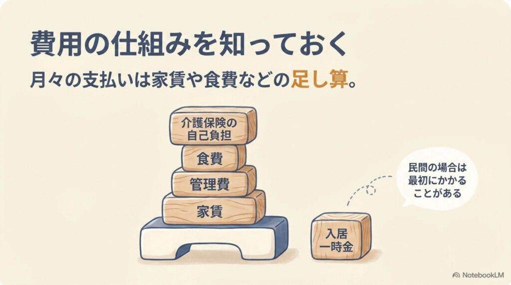 施設の費用の図解。月々の支払いは家賃・管理費・食費・介護保険の自己負担の足し算。民間は入居一時金が最初にかかることがある