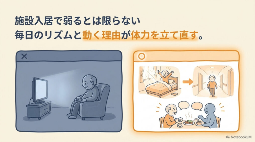 施設入居で弱るとは限らない図解。家でテレビの前に座り続ける生活と、朝起きて食堂まで歩き、人と話しながら食事する施設の生活の対比