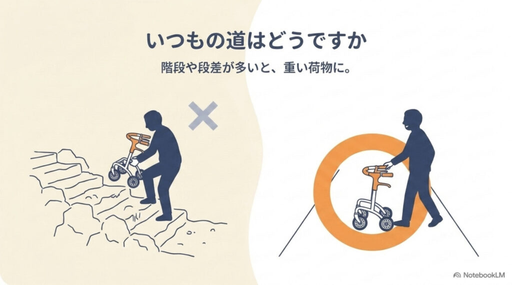 買う前に家のまわりをチェックする図解。階段や段差が多い道だと、シルバーカーを持ち上げてばかりで重い荷物になってしまう。平らな道なら頼れる相棒になる