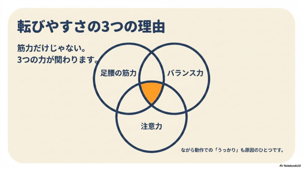 転びやすくなる3つの理由(足腰の筋力・バランス力・注意力)を示した図解