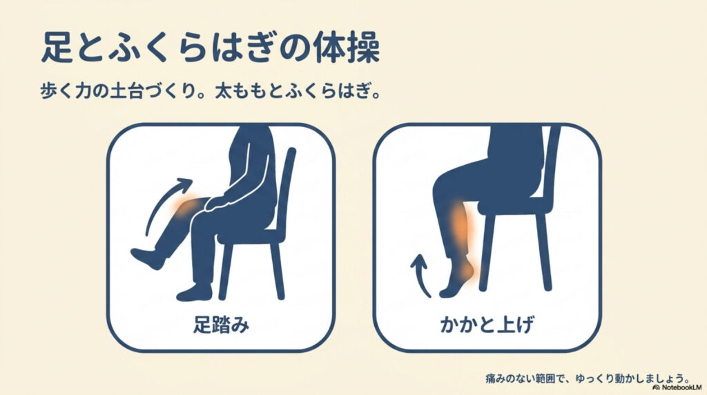 座ってできる足踏みとかかと上げのイラスト。太ももとふくらはぎを鍛える体操
