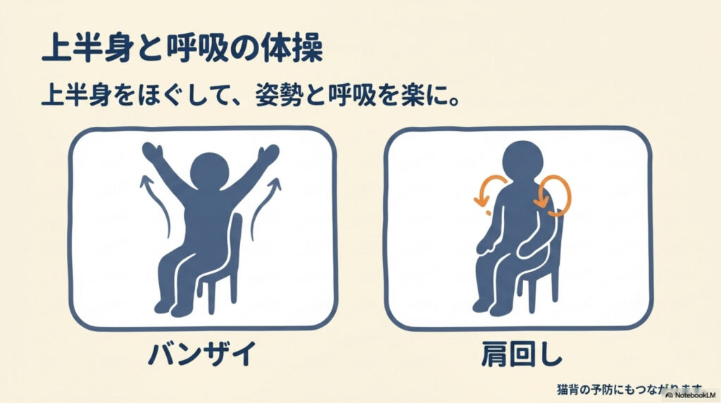 座ったままできるバンザイと肩回しのイラスト。上半身をほぐして姿勢と呼吸を楽にする