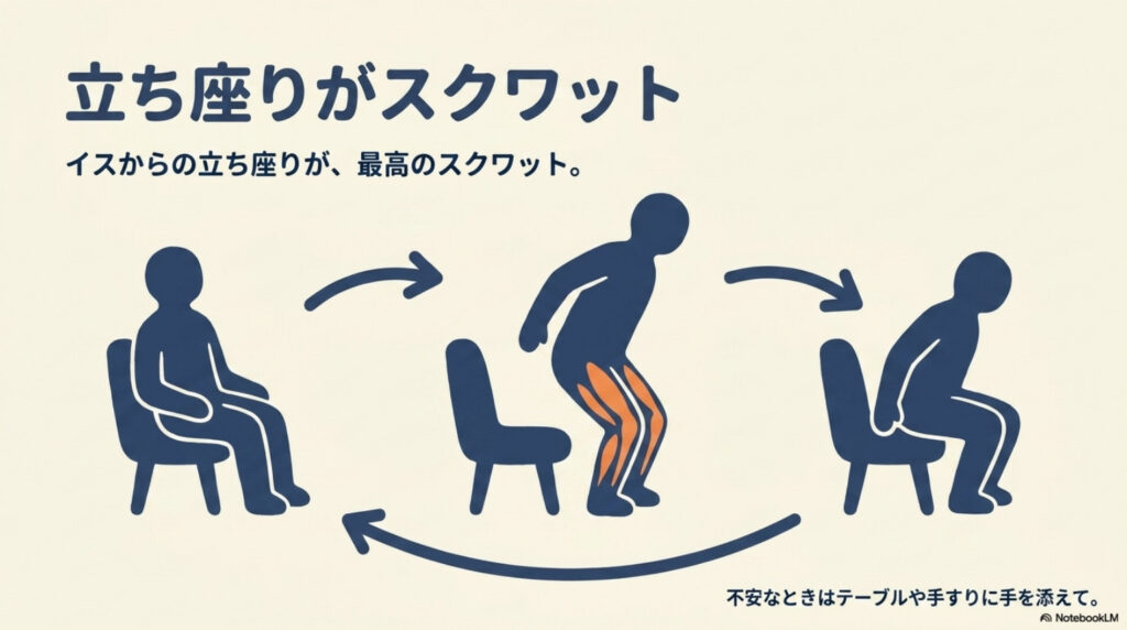 イスからの立ち座りがそのままスクワットになることを示す3コマのイラスト。不安なときはテーブルや手すりに手を添えて行う