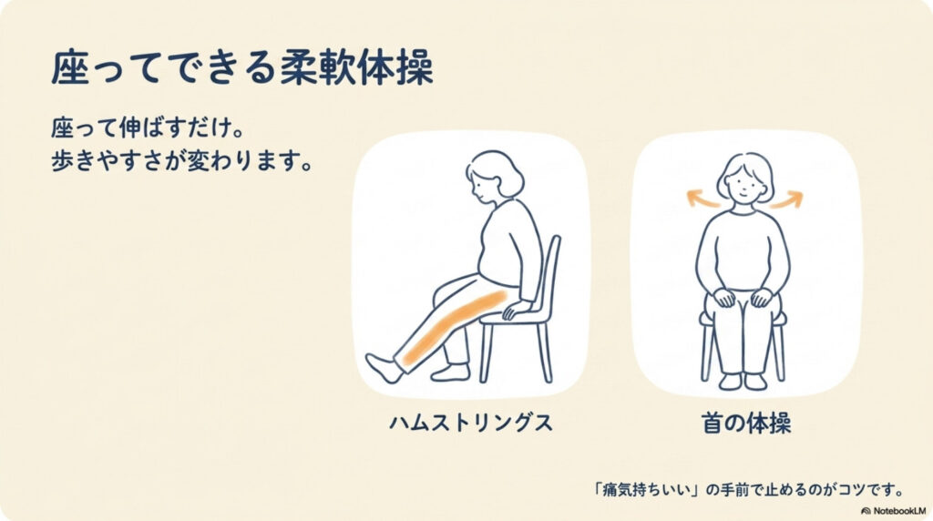座ってできる柔軟体操のイラスト。太ももの裏(ハムストリングス)のストレッチと首の体操