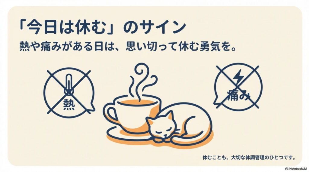 熱や痛みがある日は思い切って休んでよいことを示す図解。休むことも大切な体調管理のひとつ