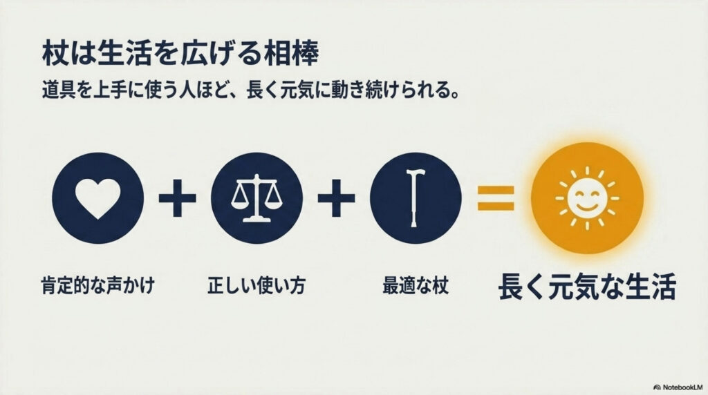 肯定的な声かけ・正しい使い方・最適な杖の3つが揃うと、長く元気な生活につながることを示す図解