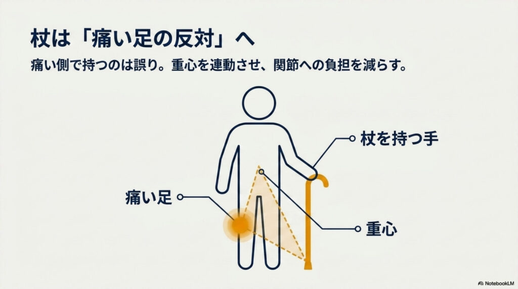 杖は痛い足の反対側の手で持つことを示す図解