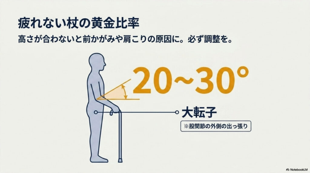 疲れない杖の高さの図解。大転子（股関節の外側の出っ張り）の高さで、肘が20〜30度軽く曲がるのが目安