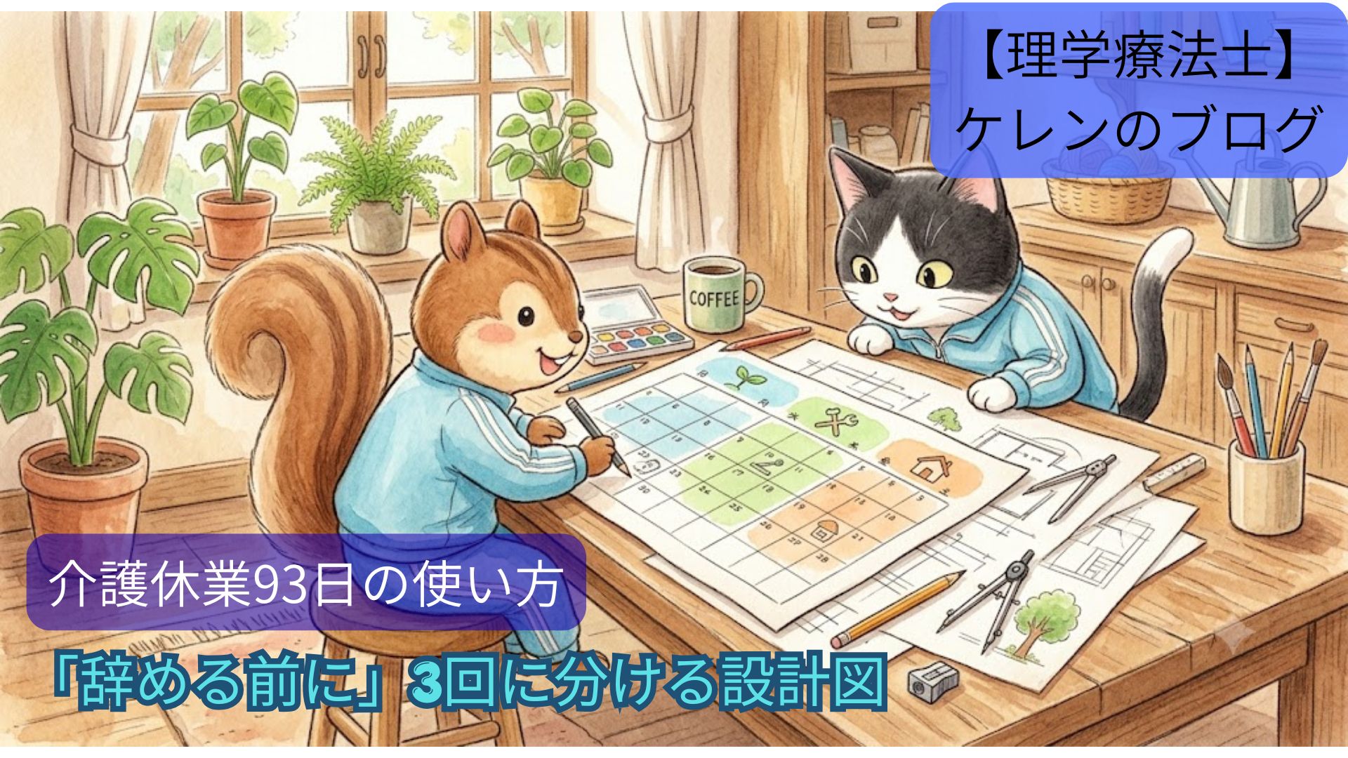 カレンダーと設計図を広げて介護休業93日の計画を立てるリスと、一緒にのぞき込むハチワレ猫の水彩イラスト。介護休業93日の使い方のアイキャッチ