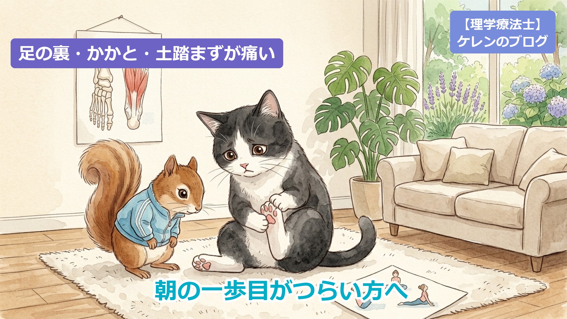 リビングで自分の足の裏をさすって困った顔の猫と、心配そうにのぞきこむリスのイラスト（足の裏・かかと・土踏まずが痛い）