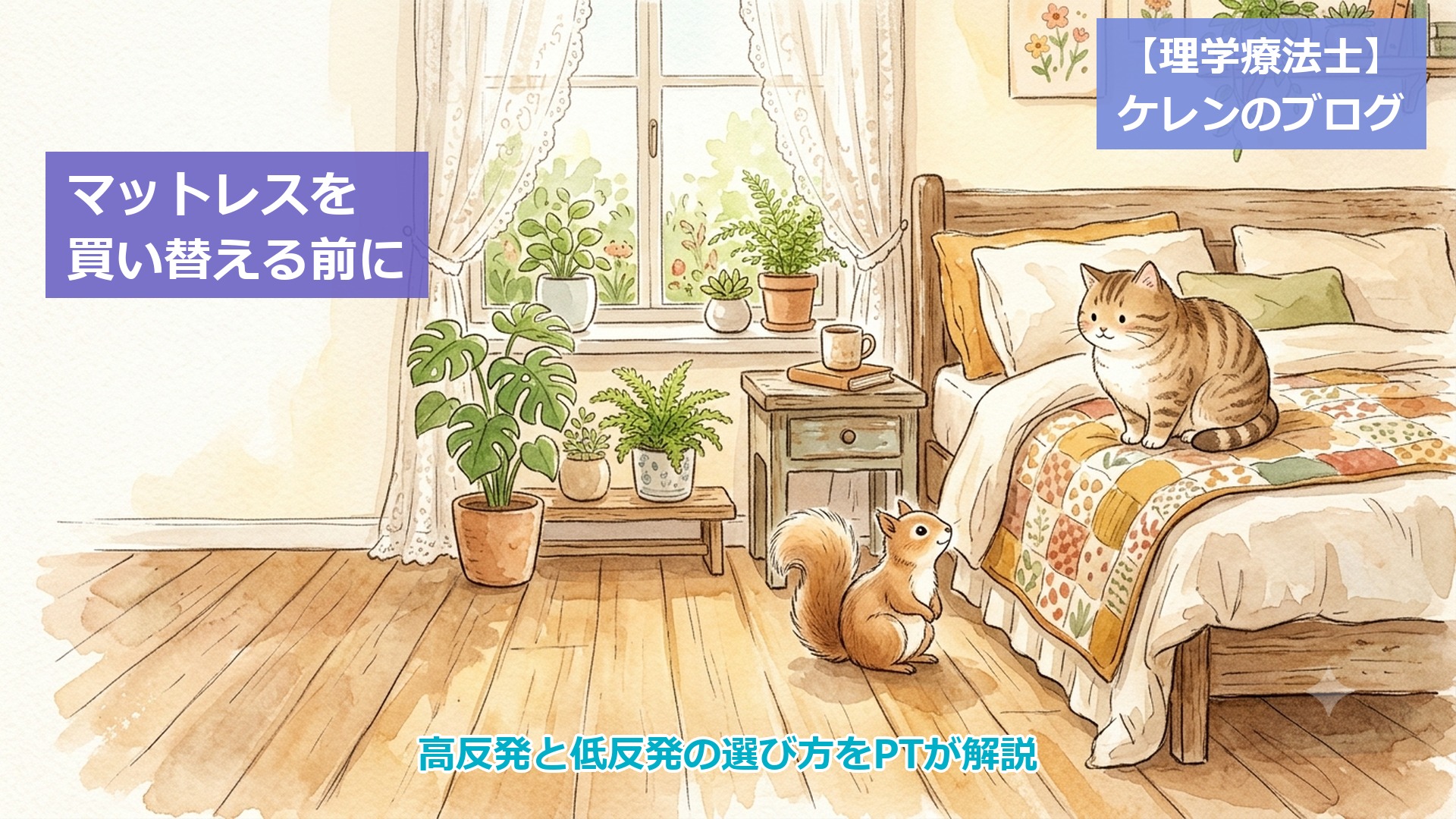 腰痛でマットレスを買い替える前に アイキャッチ画像（明るい寝室のベッドに座る猫とリスのイラスト）
