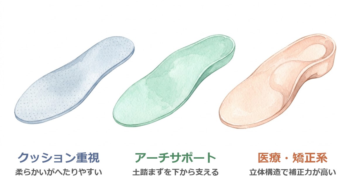 3種類のインソールの比較イラスト。左からクッション重視タイプ、アーチサポートタイプ、医療・矯正系タイプ