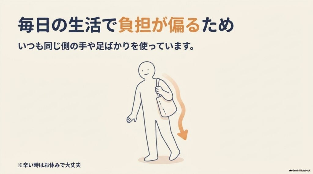 片側だけ腰痛になる理由の図解。いつも同じ側の手や足ばかりを使うことで、毎日の生活で負担が偏ることを示すイラスト