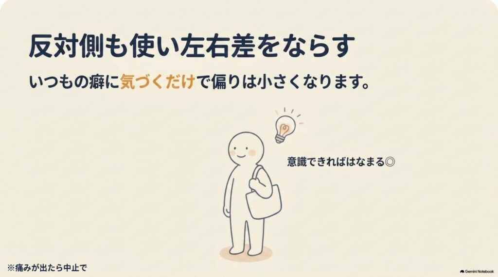 反対側も使って左右差をならすことを勧める図解。いつもの癖に気づくだけで体の偏りは小さくなる
