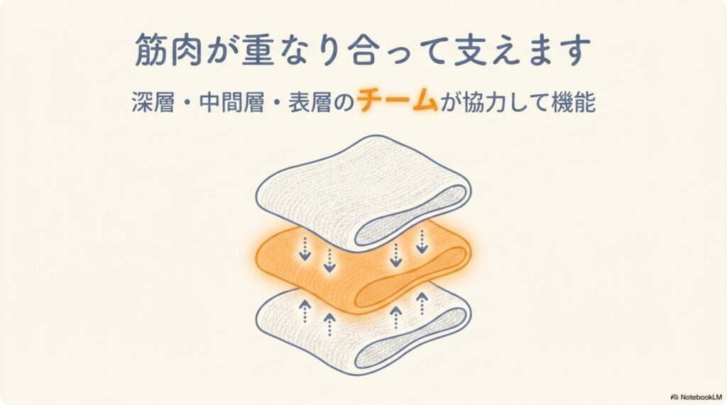 骨盤底筋の3層構造の図解。深層・中間層・表層の筋肉が重なり合い、チームで底を支える