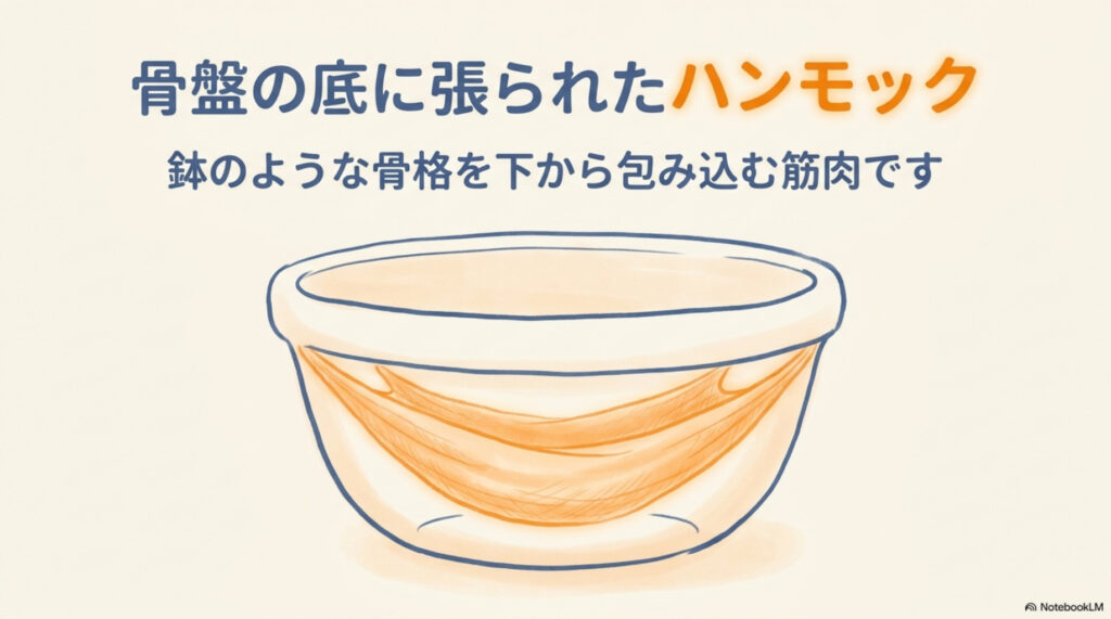 骨盤底筋の場所の図解。骨盤というボウルの底に、ハンモックのように張られた筋肉