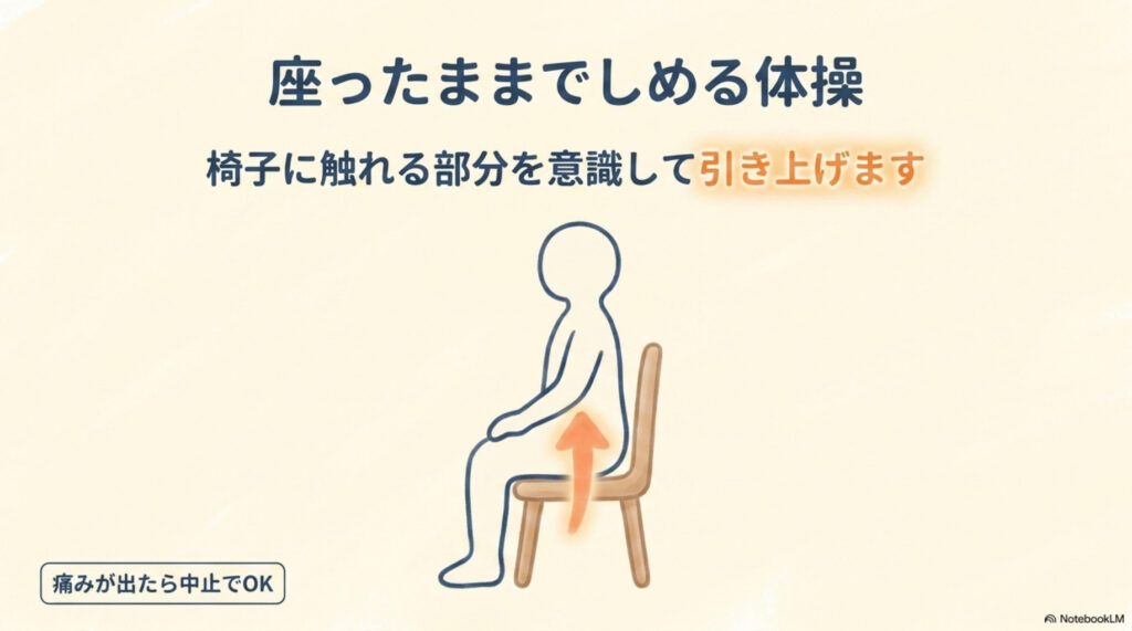 座ったまましめる体操の図解。椅子に触れる部分を意識して引き上げる。痛みが出たら中止でOK