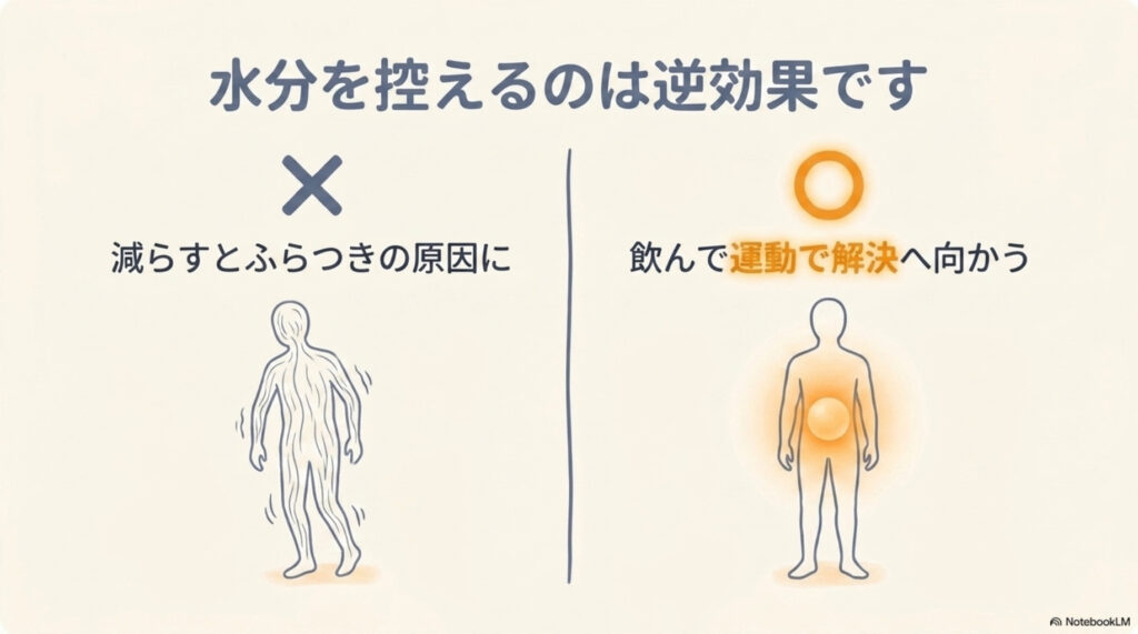 水分を控えるのは逆効果の図解。減らすとふらつきの原因に。飲んで、運動で解決へ向かう