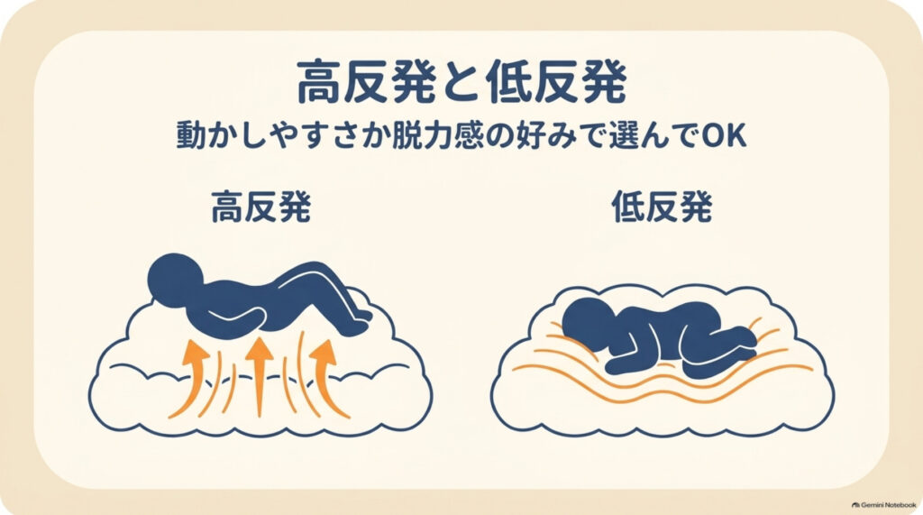 高反発と低反発の違いの図解。動かしやすさか脱力感か、好みで選んでよい