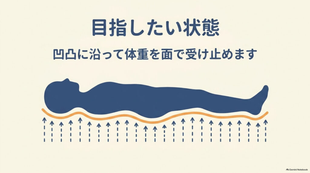 目指したい寝具の状態の図解。体の凹凸に沿って、体重を面で受け止める