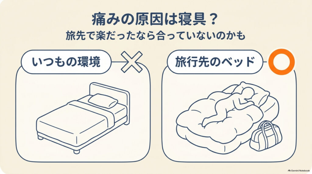 痛みの原因は寝具かを見分ける図解。旅行先のベッドで楽だったなら、いつもの寝具が合っていない可能性がある