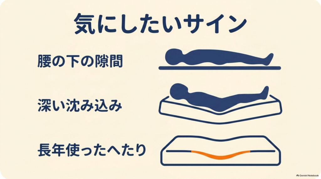寝具を疑いたいサインの図解。腰の下の隙間、深い沈み込み、長年使ったへたり