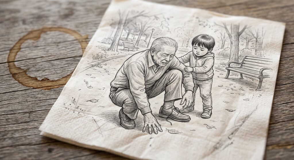 公園で足の痛みにしゃがみ込む高齢の男性と、そっと支える子どもの鉛筆画